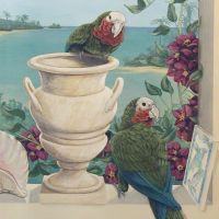 The birds are rare Bahama Parrots, the shell and tile products of local ceramic artisans. The urn matches the marble tiles of the room.
