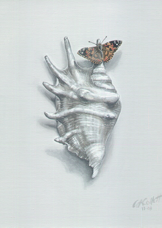 grisaille spider shell, acrylic on canvas