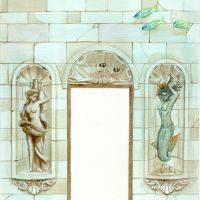 Proposal drawings for full scale sunken Atlantis fantasy trompe l’œil.. The site is a basement swimming pool room in a large London house. There are existing architectural features which lead me to this design. There is a coffered ceiling over the pool, supported on four columns, which would lead to the effect of it being the single still-standing building in a deluged ruined Atlantis.