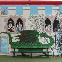 The fairy-tale castle mural for
St. Edwards First School, Windsor, Berkshire. Executed in acrylics, 4.5 x 3.3 metres. On site, September 2010