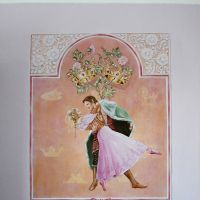 Sleeping Beauty Acrylic on plaster and wallpaper, approximately 1 x 1.2 metres. The image was inspired by both the story and ballet. I have used "spot varnishing", the background is a satin gold glaze, the crowns are gloss and the figures are matt.