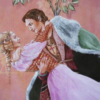 Sleeping Beauty Acrylic on plaster and wallpaper, approximately 1 x 1.2 metres. The image was inspired by both the story and ballet. I have used "spot varnishing", the background is a satin gold glaze, the crowns are gloss and the figures are matt.