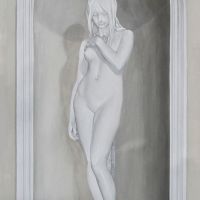 Trompe l’œil grisaille niche with marble statuette. The subject (Eve by Thomas Brock (1906)) is taken from my favourite statue in the Victoria and Albert Museum.