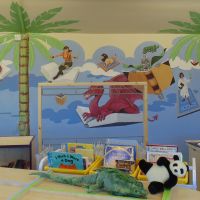 The generic book characters for this library mural were chosen by the pupils of the school council. Chater School, Watford 01