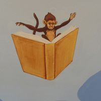 The generic book characters for this library mural were chosen by the pupils of the school council. Chater School, Watford 07